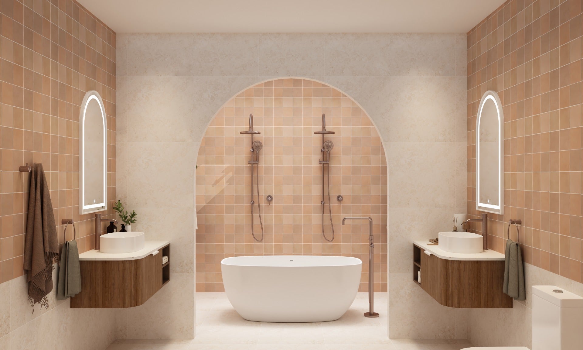 Mediterranean bathroom package from amber featuring terracotta, travertine look porcelain and rich timber accents
