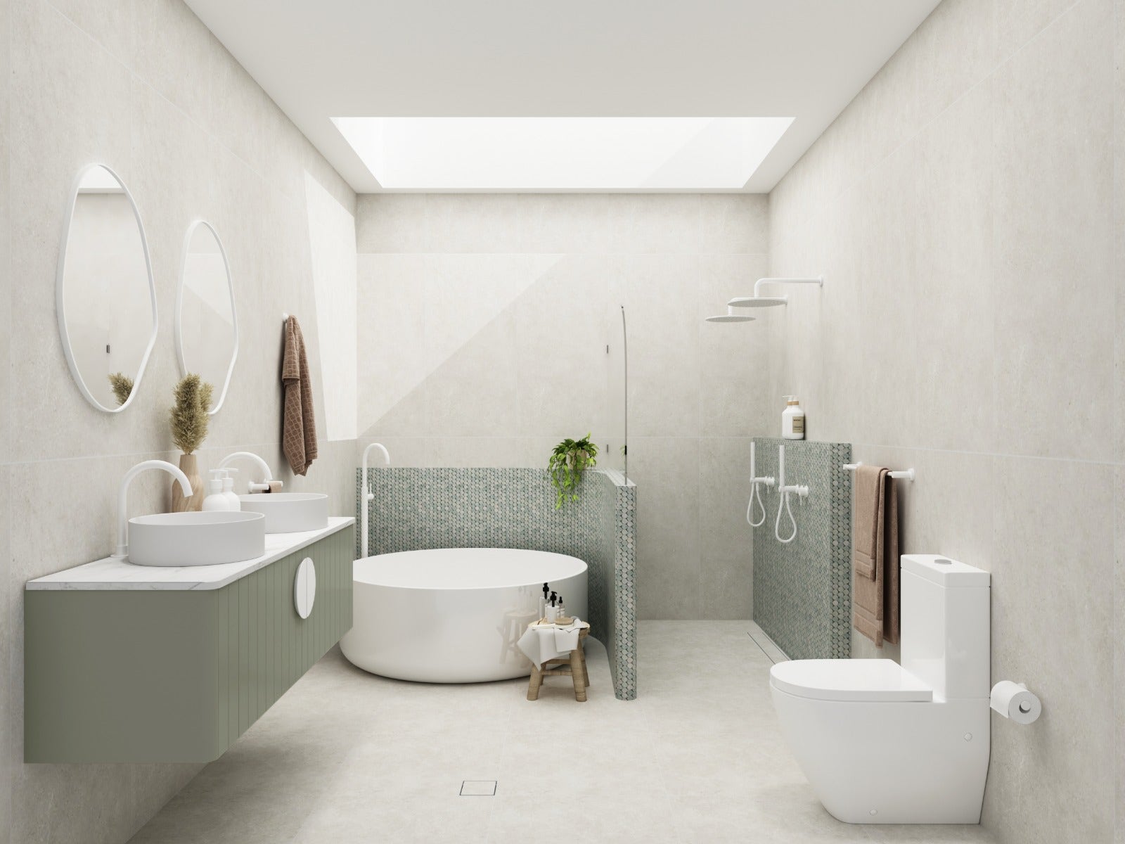 mystic sage bathroom package from amber featuring soft greens in a costal designed bathroom