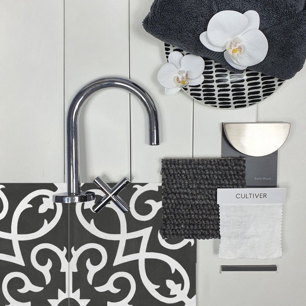 A flat lay featuring a curated selection of vintage retro-inspired tiles, all purchased from Amber. The overall composition evokes a nostalgic yet timeless vibe, with each element meticulously placed to create a harmonious balance between old and new.
