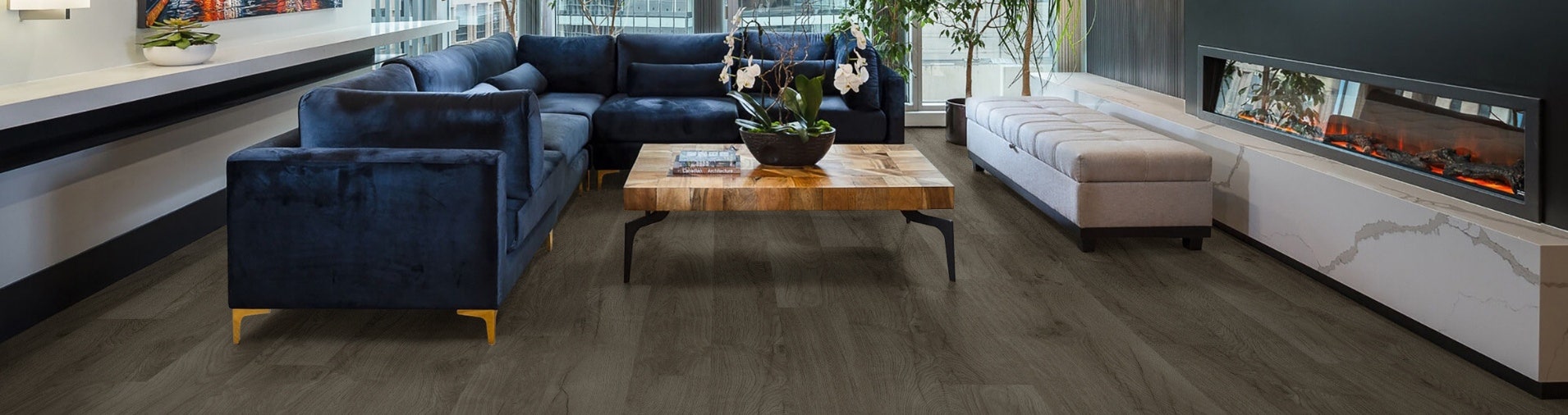 dark oak timber hybrid flooring in living room