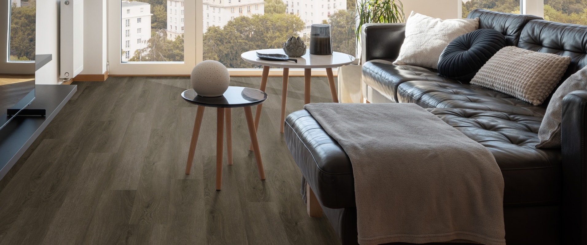 dark oak timber hybrid flooring in living room