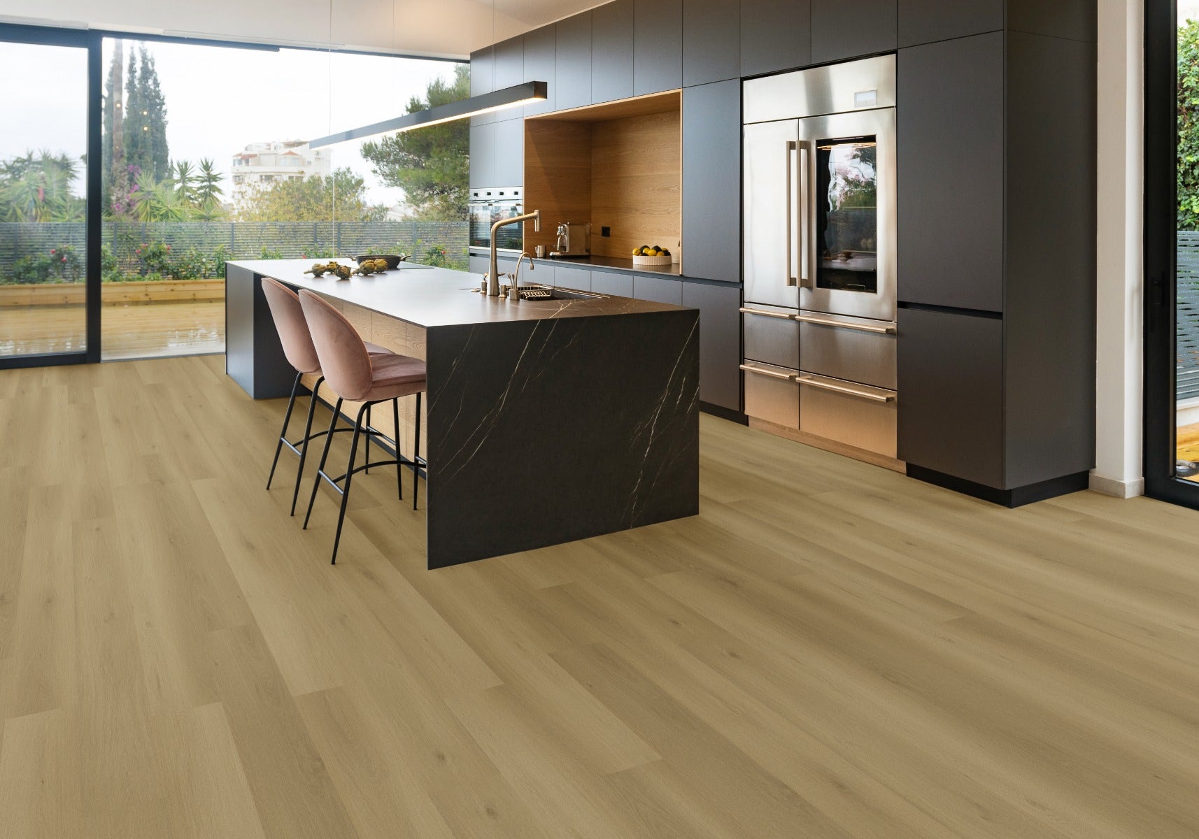 dark oak timber hybrid flooring in kitchen