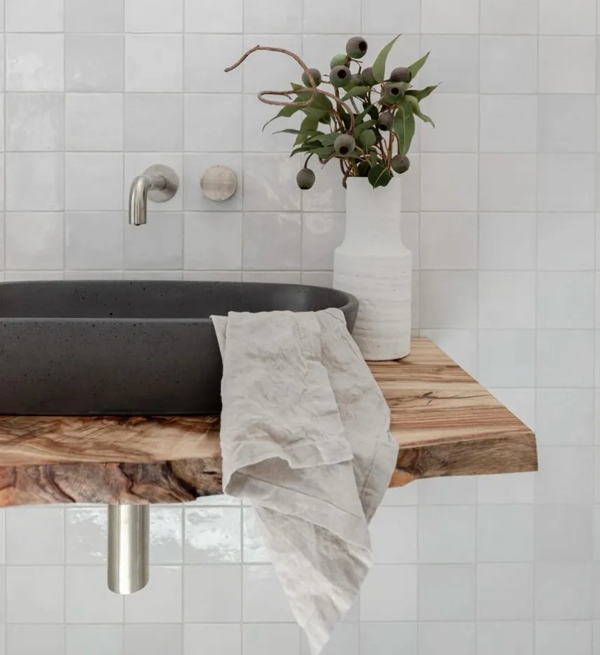 white square feature tile in bathroom