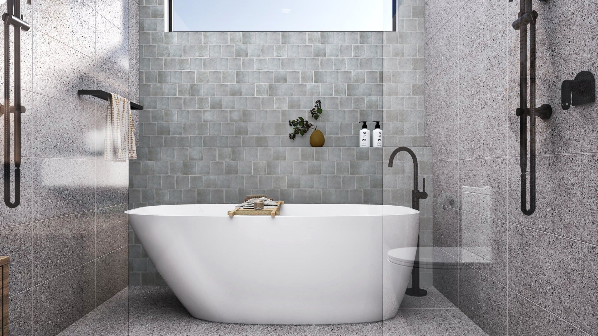 Sophisticated bathroom featuring Amber's Lagom bathroom package with a dark, moody Scandinavian design. The space highlights deep, rich tones and minimalist accents, creating a dramatic and serene atmosphere 